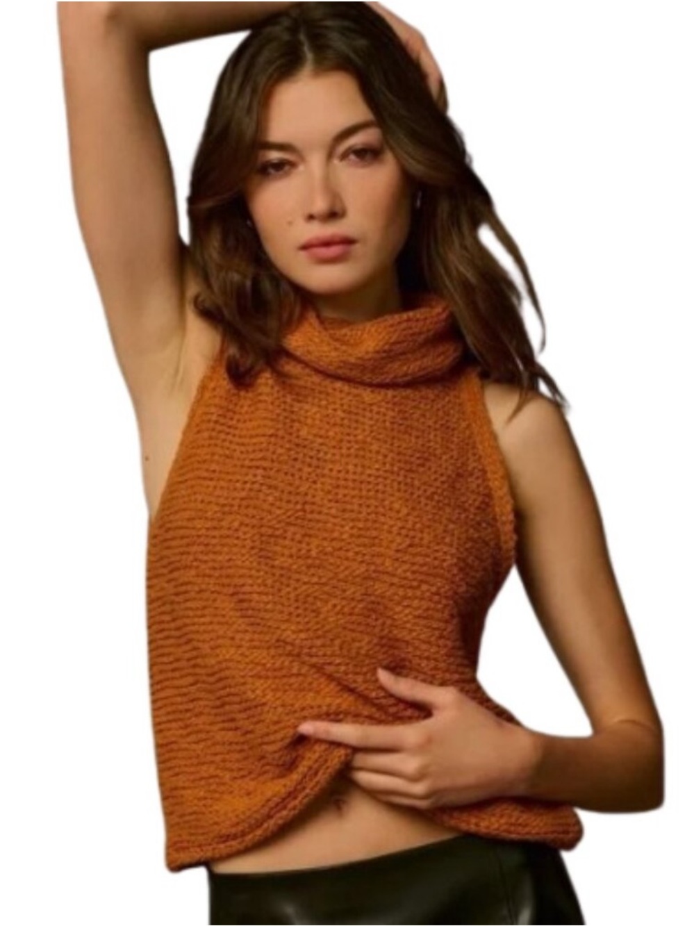 Anthropologie Sleeveless Cowl Neck Knit Top - Rust Orange